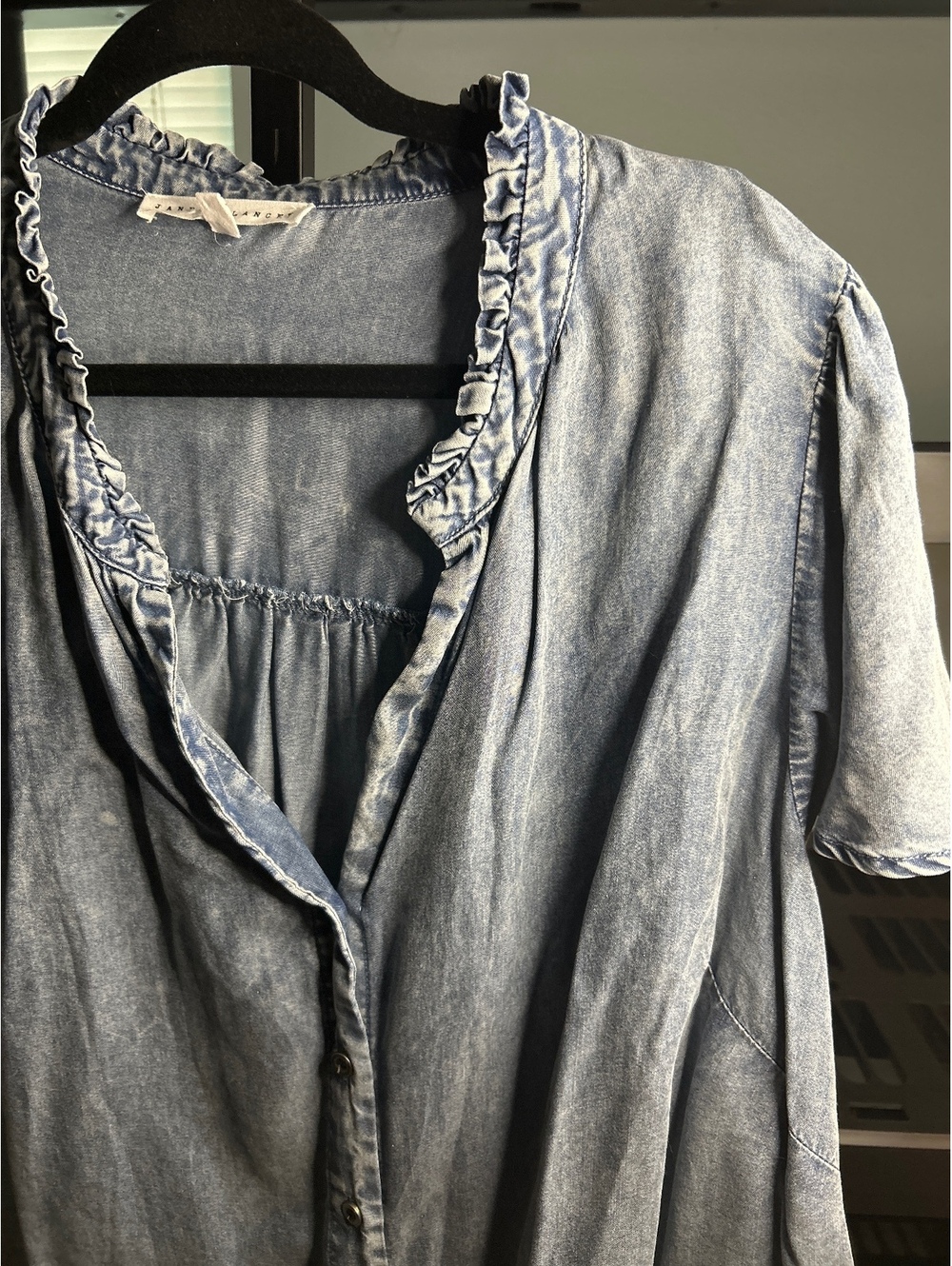 Jane + Delancey 2X Light Denim Button-Up Blouse with Ruffle Collar